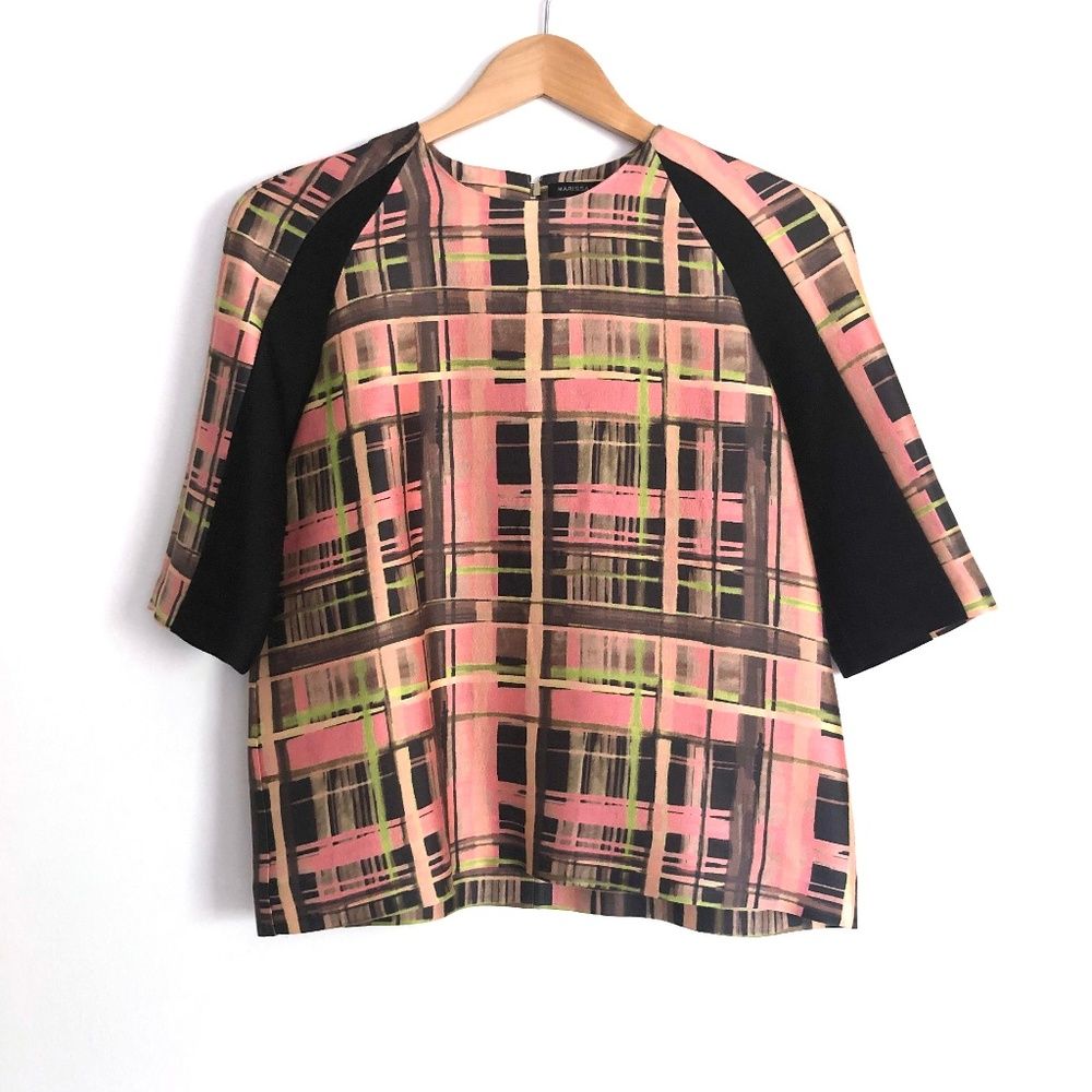 Marissa Webb Plaid Colorblock Short Sleeve Blouse Top Pink Black Green Wool Silk